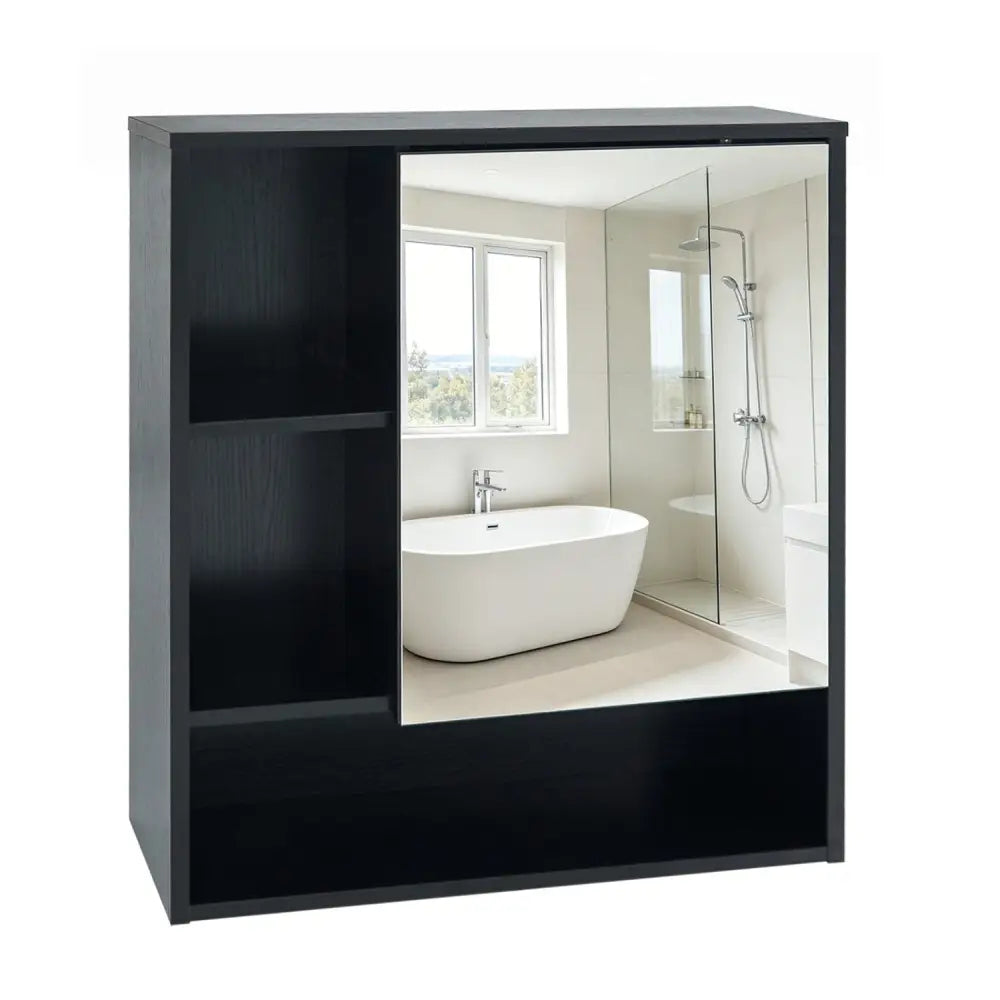 Wall-Mounted Mirror Cabinet with 2 Hidden Shelves and 3 Open Compartments-Black - Black - Wall Cabinets