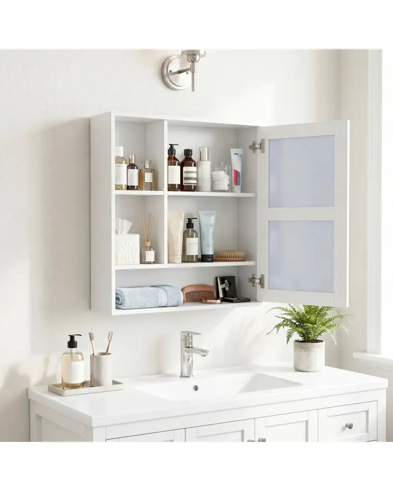 Wall-Mounted Mirror Cabinet with 2 Hidden Shelves and 3 Open Compartments-White - White - Wall Cabinets