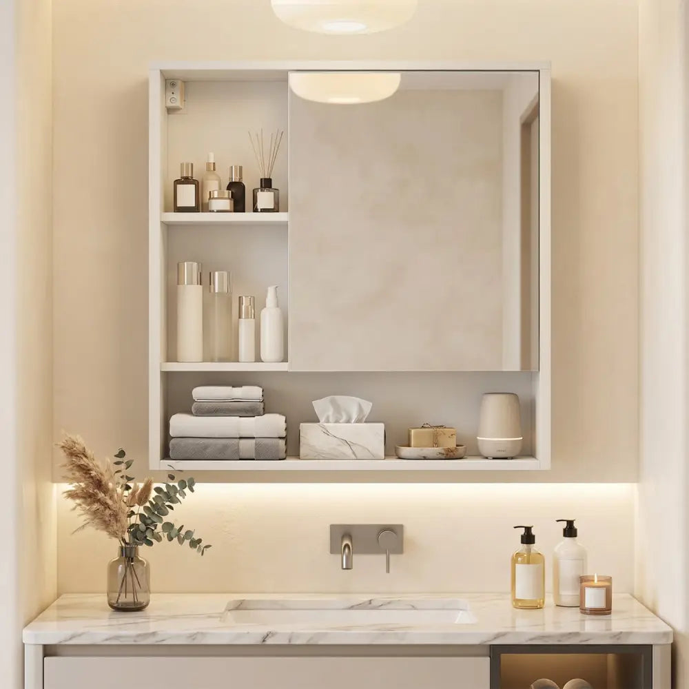 Wall-Mounted Mirror Cabinet with 2 Hidden Shelves and 3 Open Compartments-White - White - Wall Cabinets