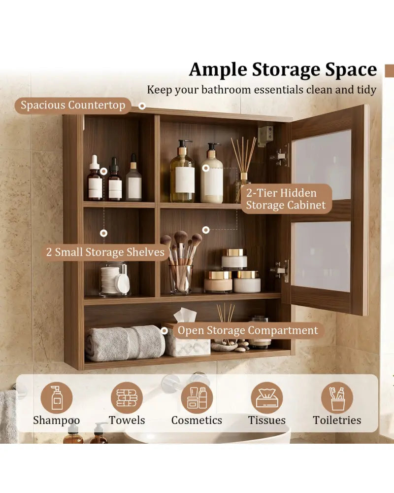 Wall-Mounted Mirror Cabinet with 2 Hidden Shelves and 3 Open Compartments-Walnut - Walnut - Wall Cabinets