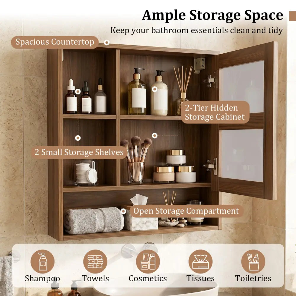 Wall-Mounted Mirror Cabinet with 2 Hidden Shelves and 3 Open Compartments-Walnut - Walnut - Wall Cabinets