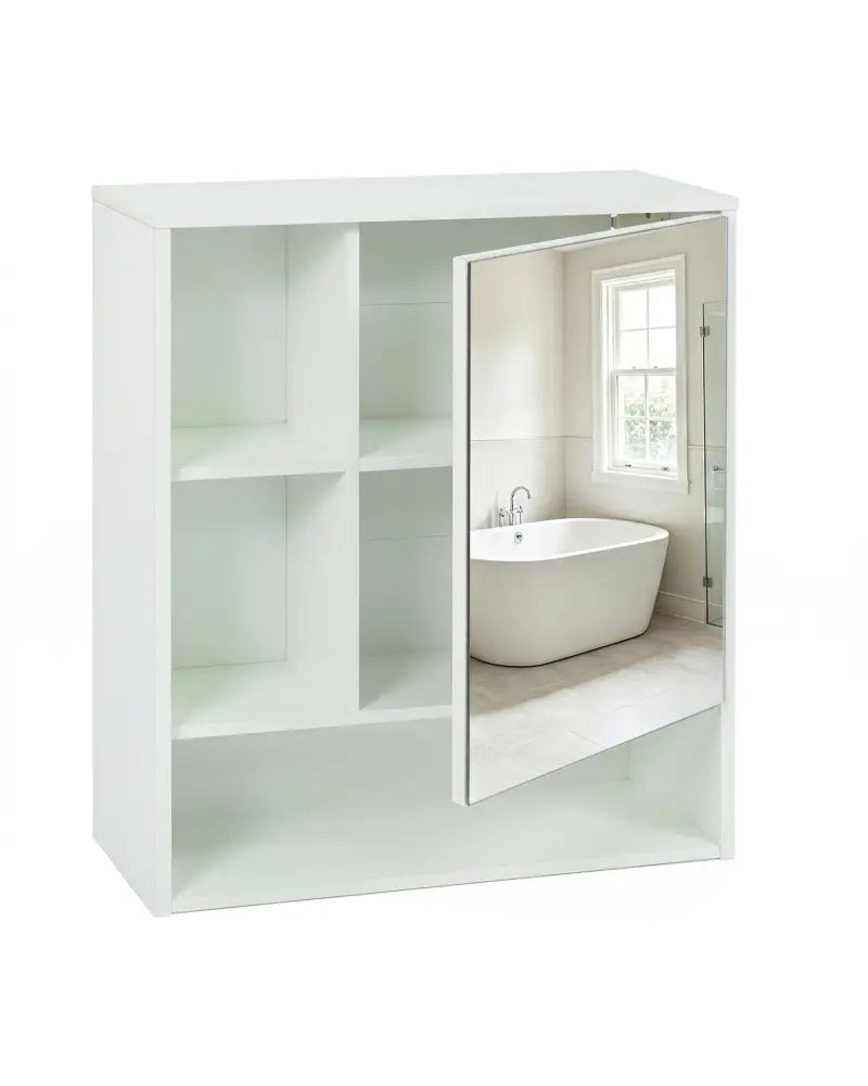 Wall-Mounted Mirror Cabinet with 2 Hidden Shelves and 3 Open Compartments-White - White - Wall Cabinets