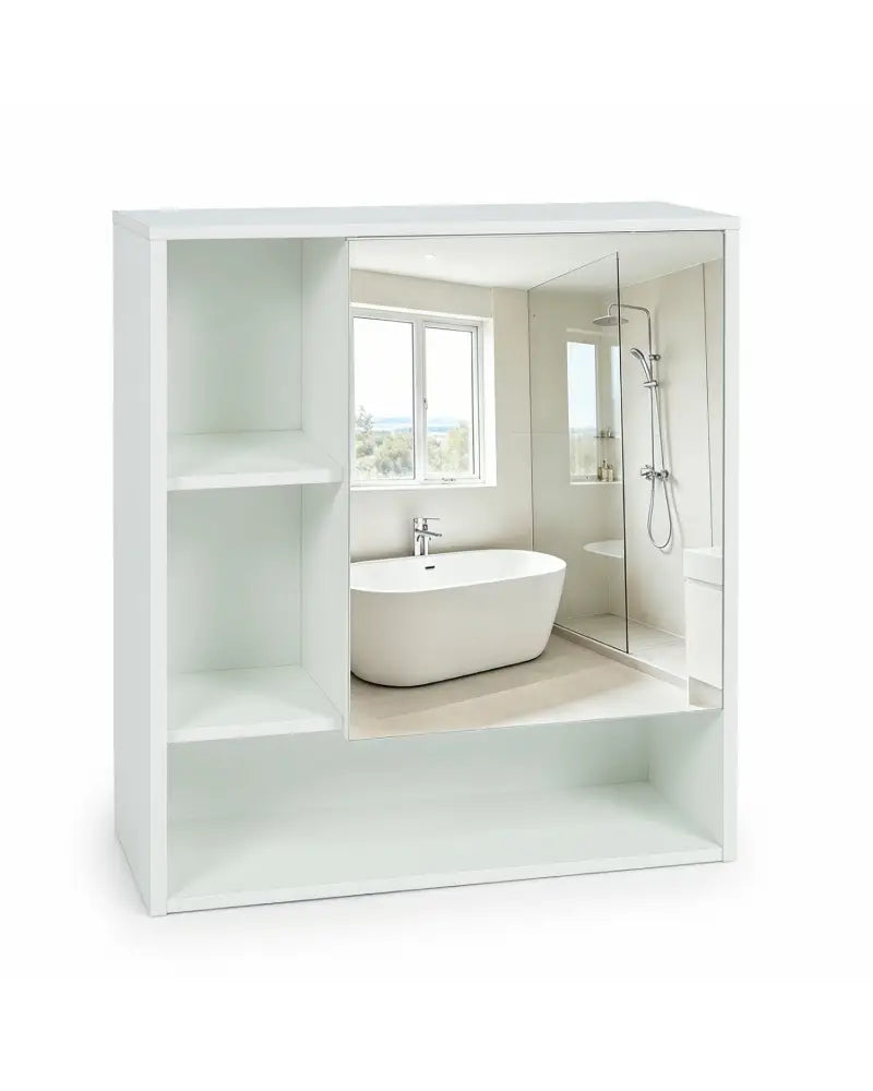 Wall-Mounted Mirror Cabinet with 2 Hidden Shelves and 3 Open Compartments-White - White - Wall Cabinets