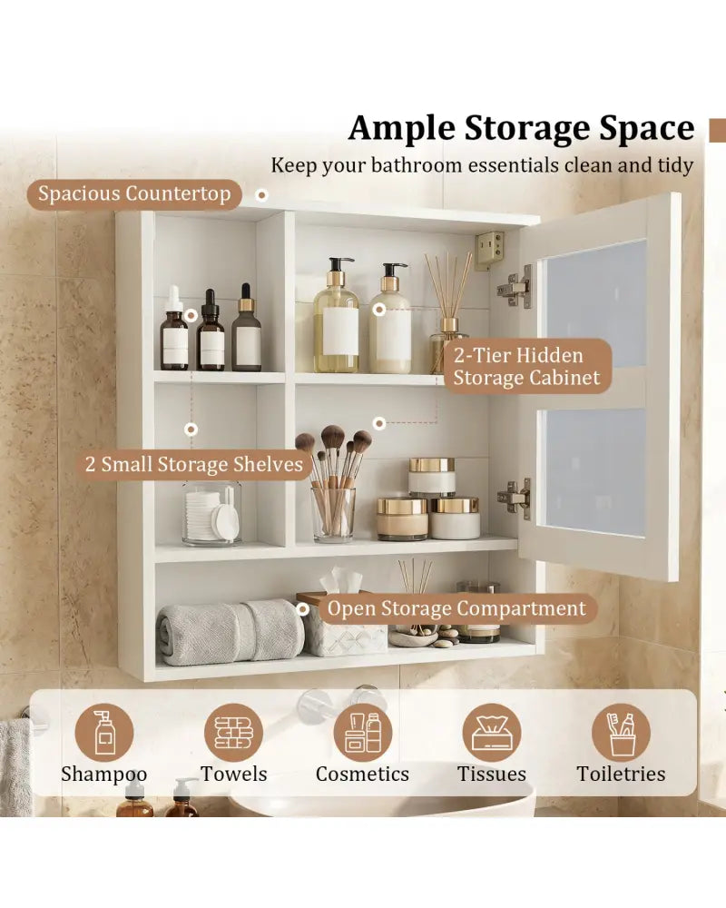Wall-Mounted Mirror Cabinet with 2 Hidden Shelves and 3 Open Compartments-White - White - Wall Cabinets