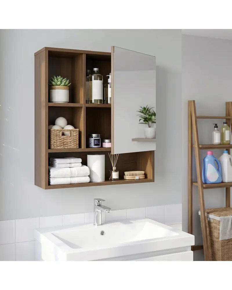 Wall-Mounted Mirror Cabinet with 2 Hidden Shelves and 3 Open Compartments-Walnut - Walnut - Wall Cabinets