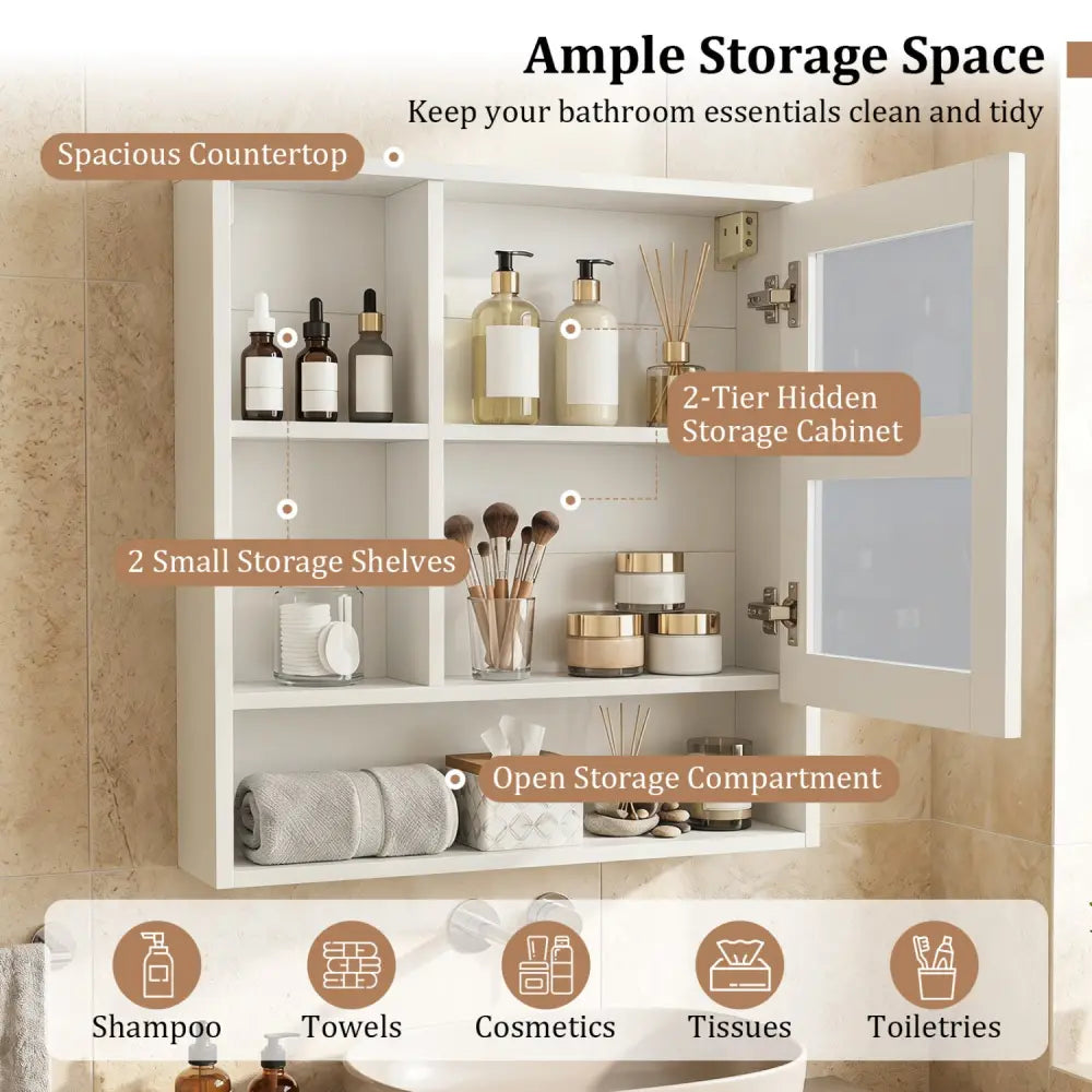 Wall-Mounted Mirror Cabinet with 2 Hidden Shelves and 3 Open Compartments-White - White - Wall Cabinets