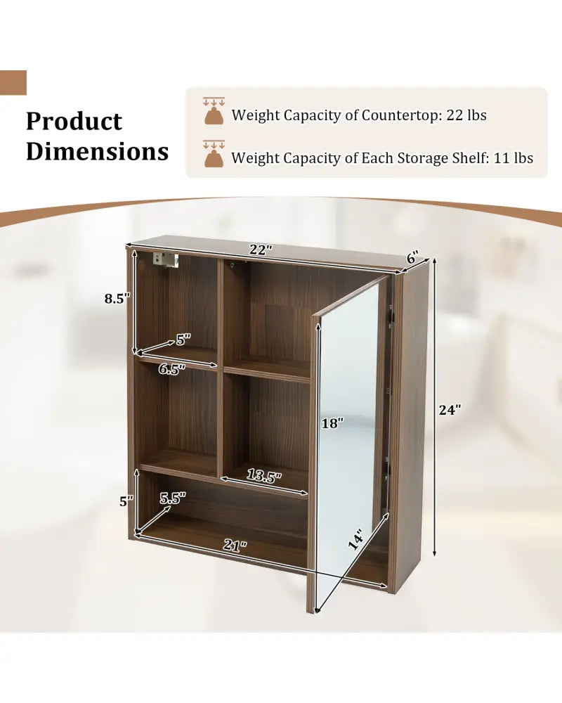 Wall-Mounted Mirror Cabinet with 2 Hidden Shelves and 3 Open Compartments-Walnut - Walnut - Wall Cabinets