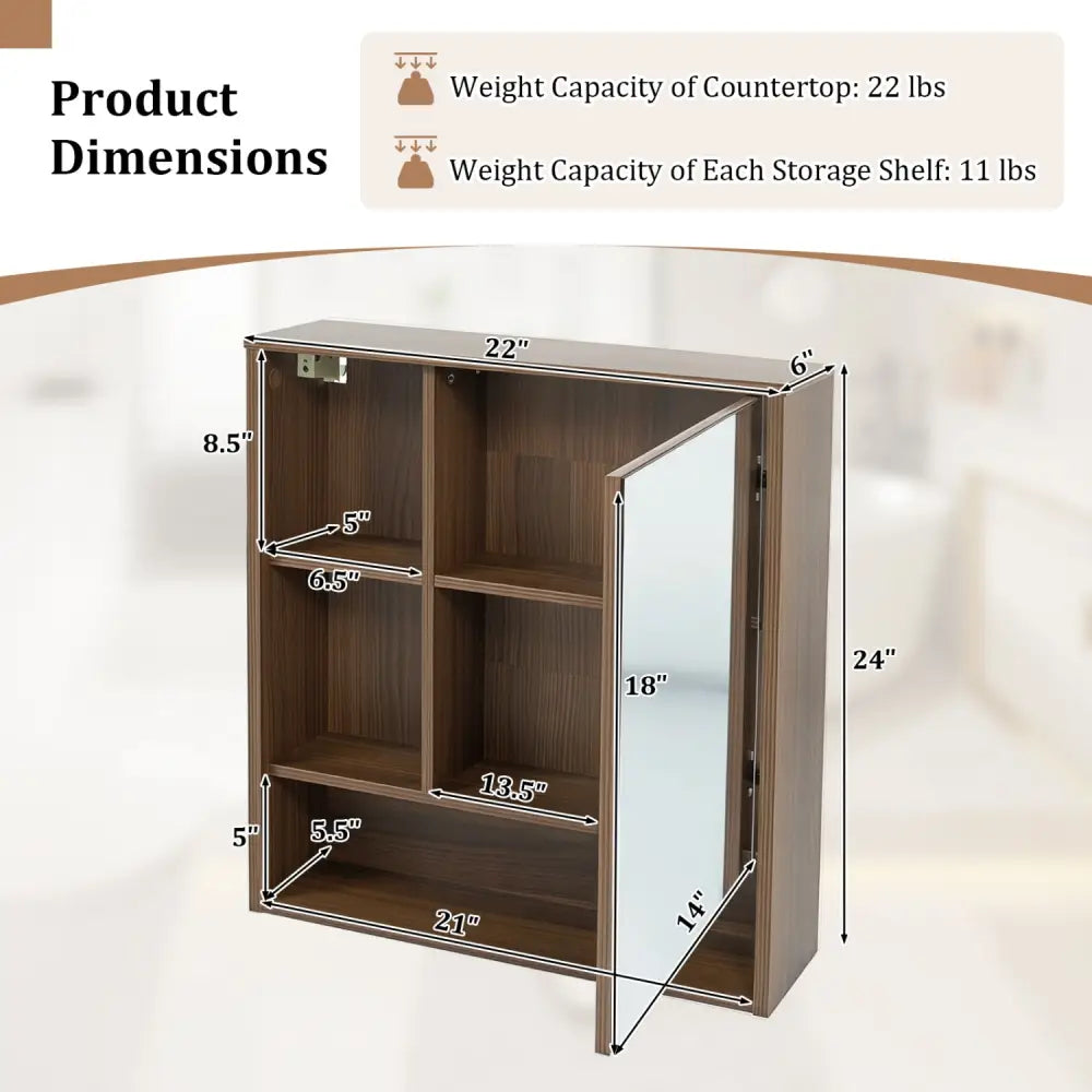 Wall-Mounted Mirror Cabinet with 2 Hidden Shelves and 3 Open Compartments-Walnut - Walnut - Wall Cabinets