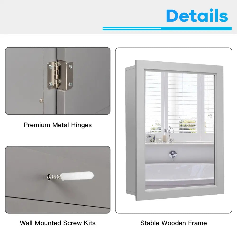 Wall-Mounted Mirrored Medicine Cabinet-Gray - Gray - Wall Cabinets