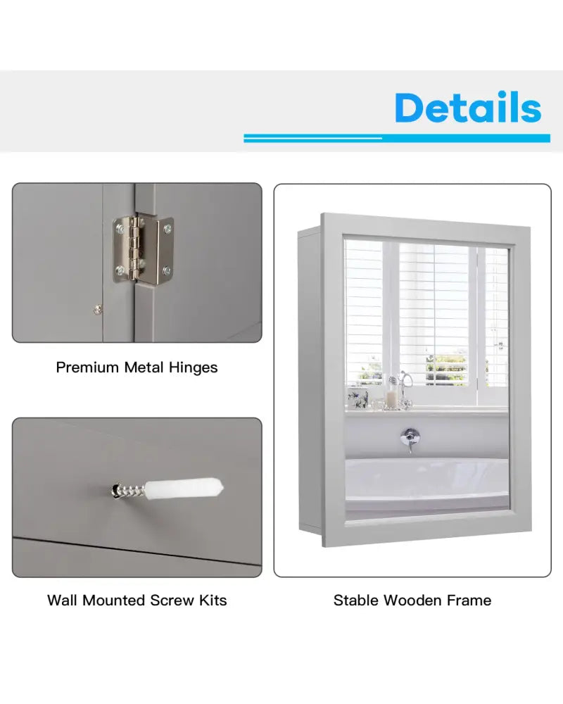 Wall-Mounted Mirrored Medicine Cabinet-Gray - Gray - Wall Cabinets