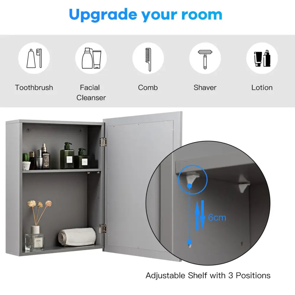 Wall-Mounted Mirrored Medicine Cabinet-Gray - Gray - Wall Cabinets