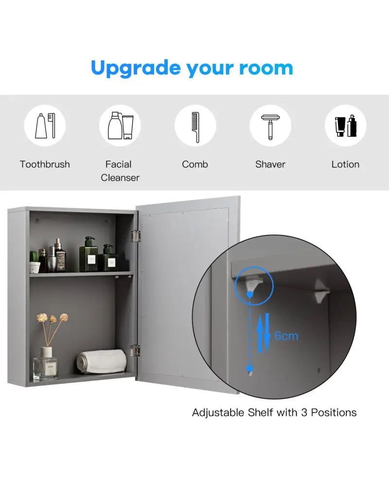 Wall-Mounted Mirrored Medicine Cabinet-Gray - Gray - Wall Cabinets