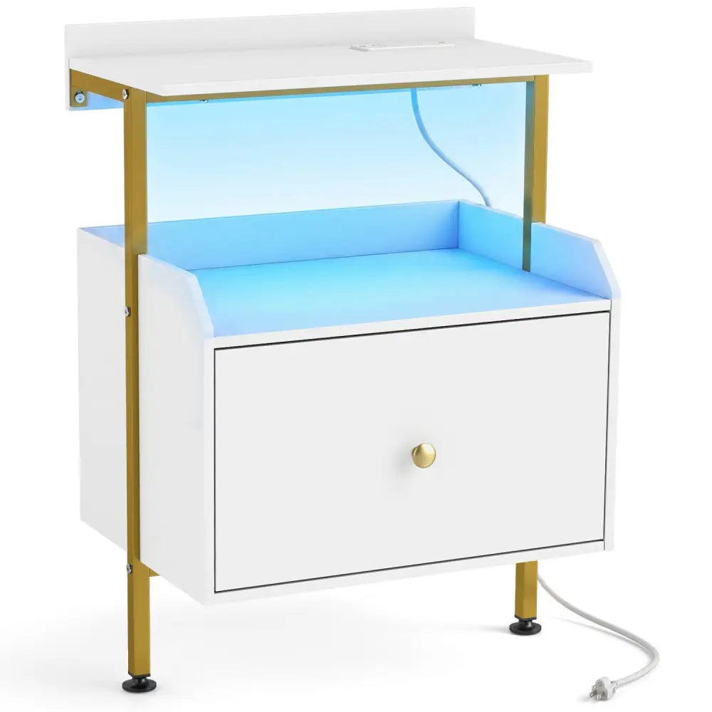 Wall-mounted Nightstand with LED Lights and Charging Station for Bedroom-White - White - Nightstands