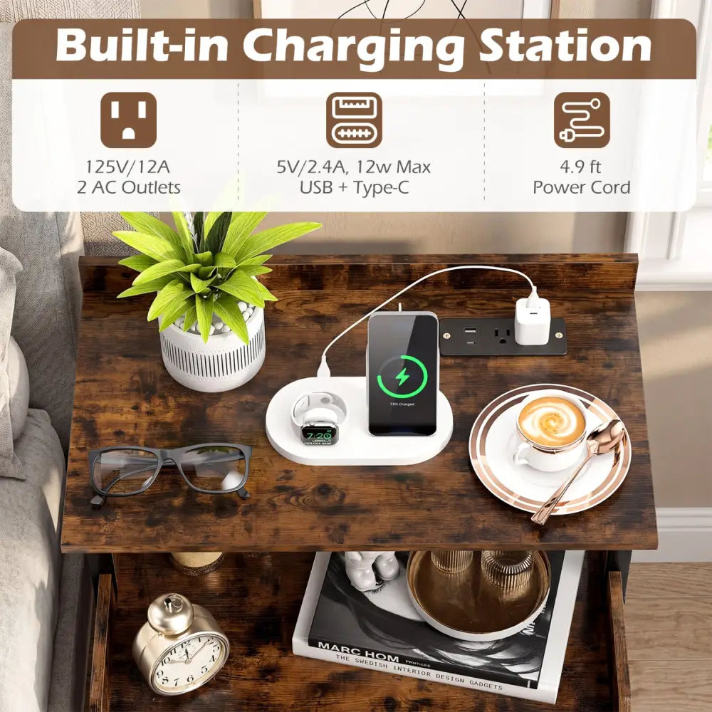 Wall-mounted Nightstand with LED Lights and Charging Station for Bedroom-Rustic Brown - Rustic Brown - Nightstands