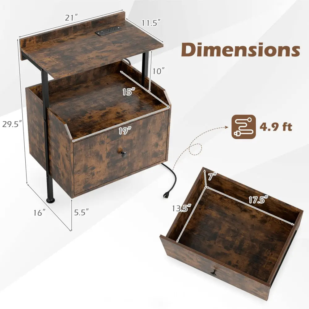 Wall-mounted Nightstand with LED Lights and Charging Station for Bedroom-Rustic Brown - Rustic Brown - Nightstands