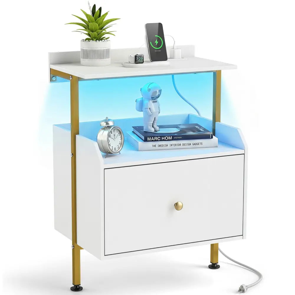 Wall-mounted Nightstand with LED Lights and Charging Station for Bedroom-White - White - Nightstands