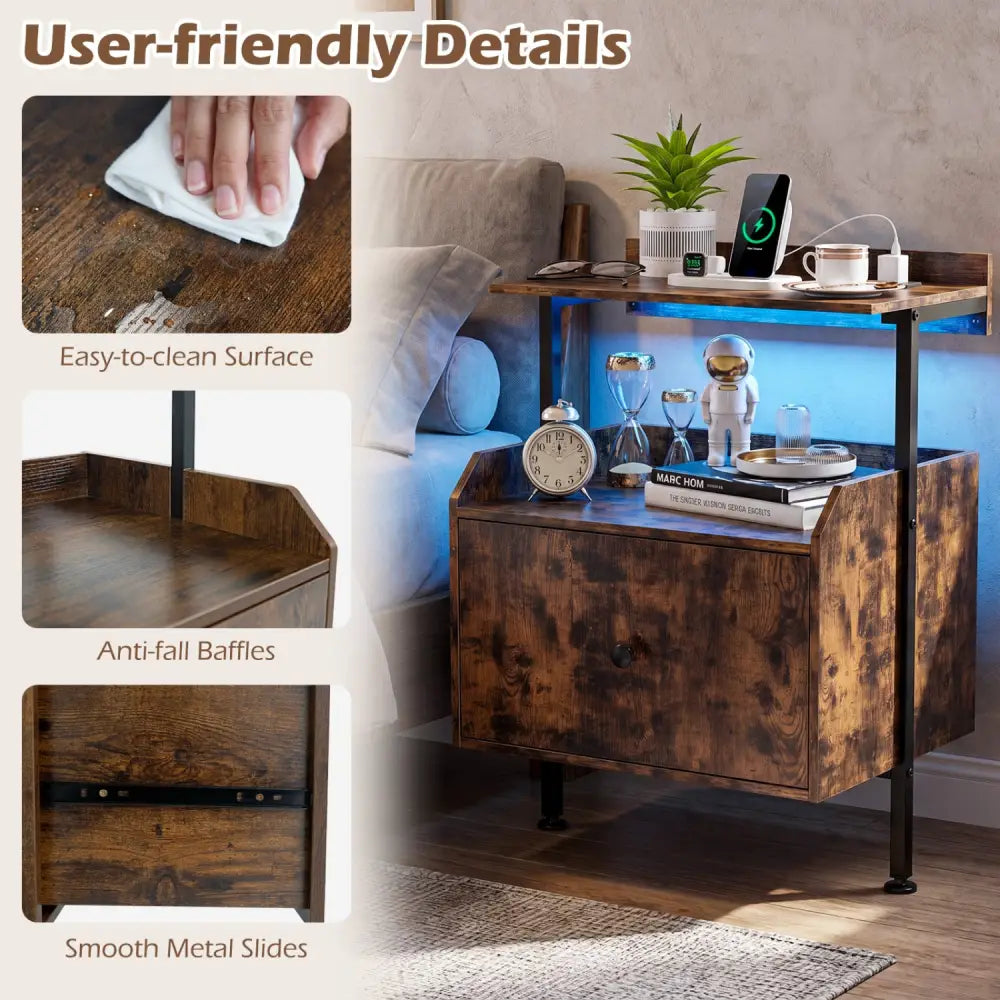 Wall-mounted Nightstand with LED Lights and Charging Station for Bedroom-Rustic Brown - Rustic Brown - Nightstands