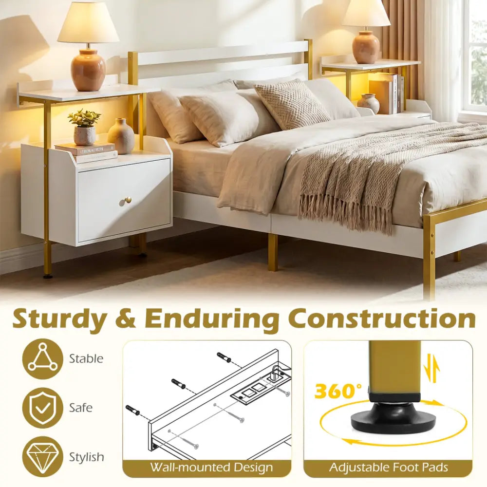 Wall-mounted Nightstand with LED Lights and Charging Station for Bedroom-White - White - Nightstands