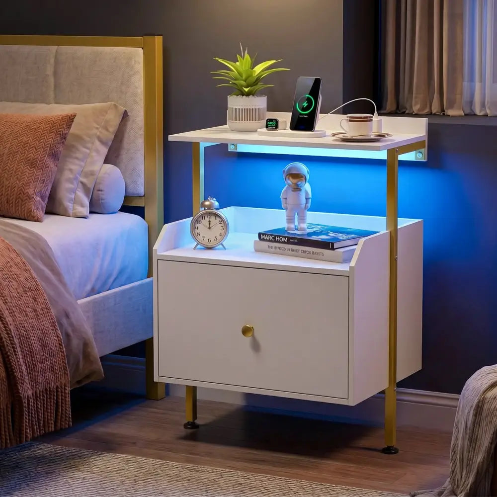 Wall-mounted Nightstand with LED Lights and Charging Station for Bedroom-White - White - Nightstands