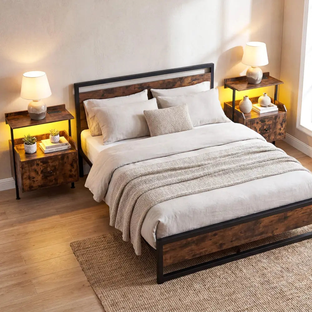 Wall-mounted Nightstand with LED Lights and Charging Station for Bedroom-Rustic Brown - Rustic Brown - Nightstands