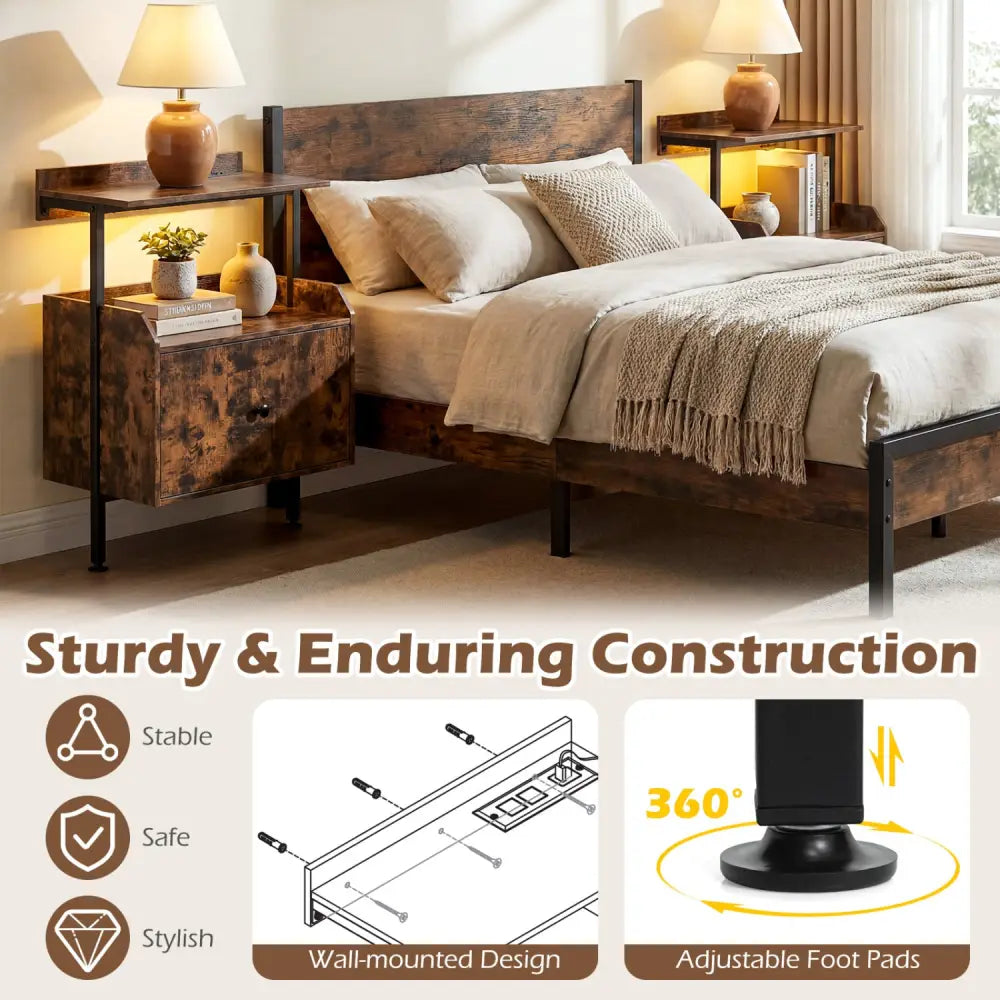 Wall-mounted Nightstand with LED Lights and Charging Station for Bedroom-Rustic Brown - Rustic Brown - Nightstands