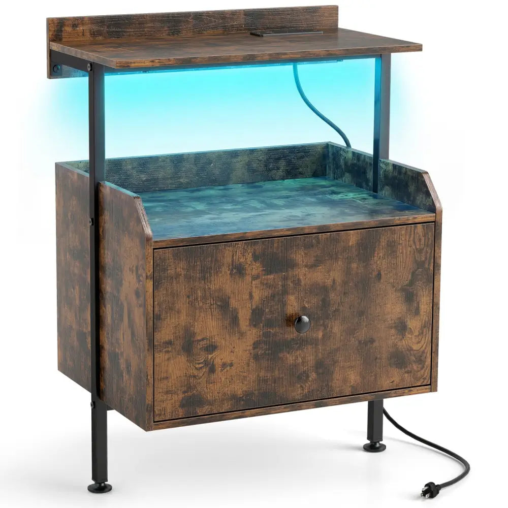 Wall-mounted Nightstand with LED Lights and Charging Station for Bedroom-Rustic Brown - Rustic Brown - Nightstands