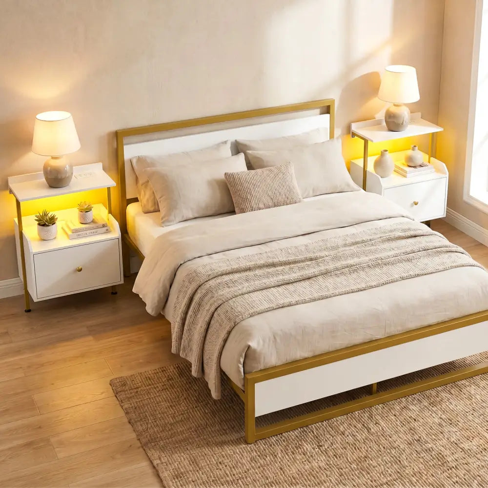 Wall-mounted Nightstand with LED Lights and Charging Station for Bedroom-White - White - Nightstands