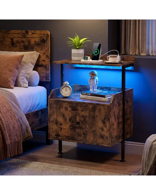 Wall-mounted Nightstand with LED Lights and Charging Station for Bedroom-Rustic Brown - Rustic Brown - Nightstands