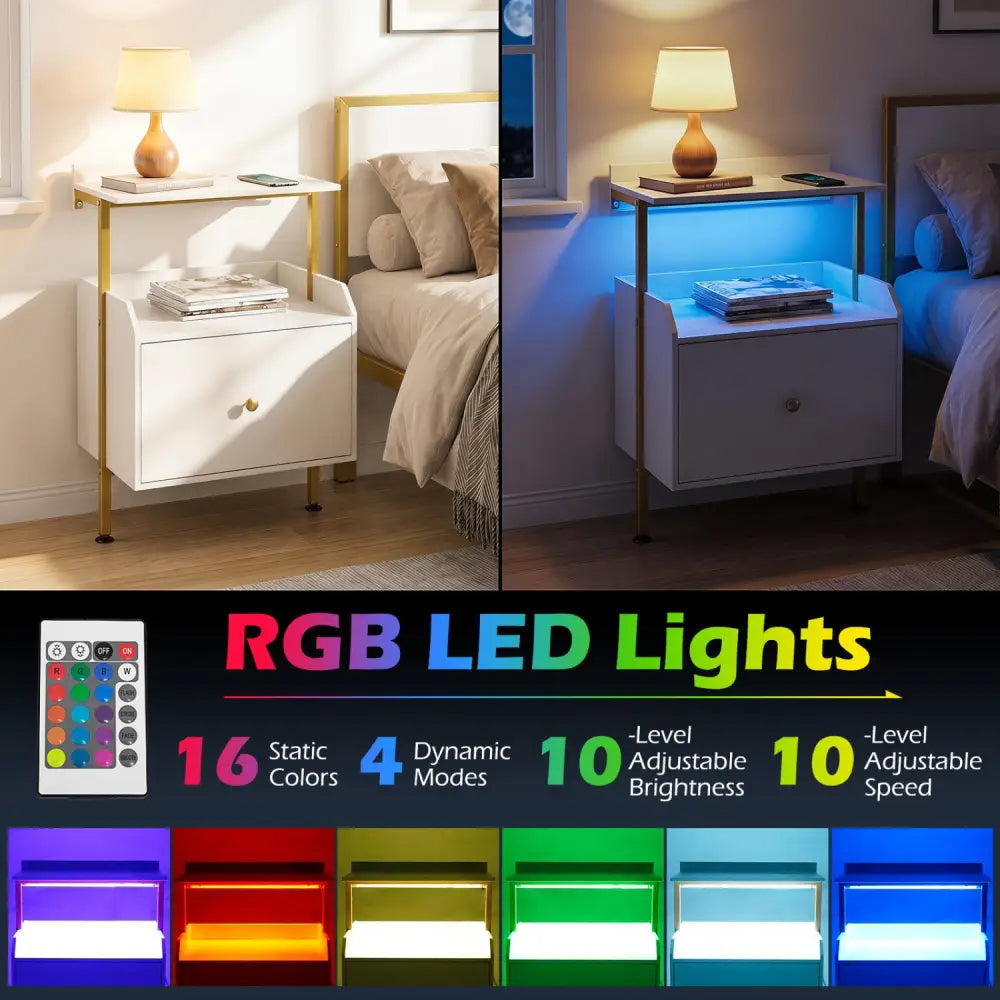 Wall-mounted Nightstand with LED Lights and Charging Station for Bedroom-White - White - Nightstands