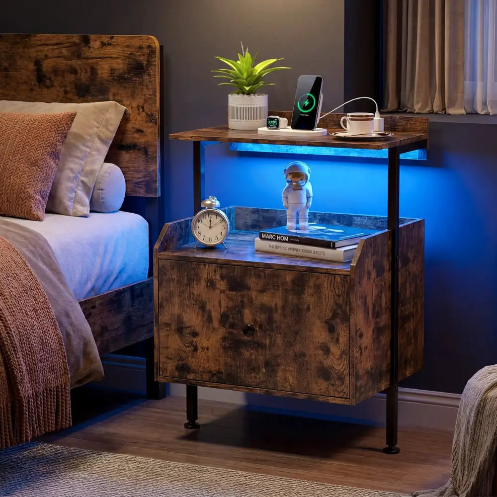 Wall-mounted Nightstand with LED Lights and Charging Station for Bedroom-Rustic Brown - Rustic Brown - Nightstands