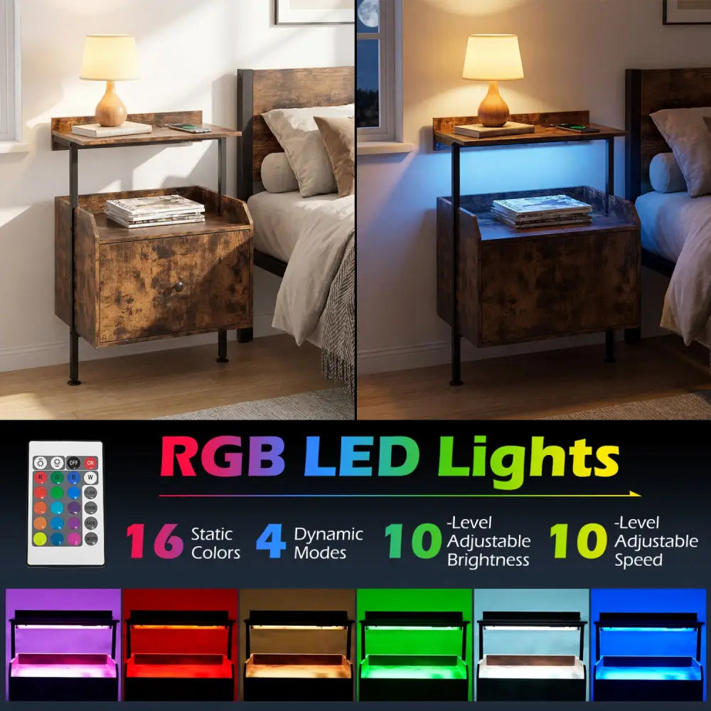 Wall-mounted Nightstand with LED Lights and Charging Station for Bedroom-Rustic Brown - Rustic Brown - Nightstands