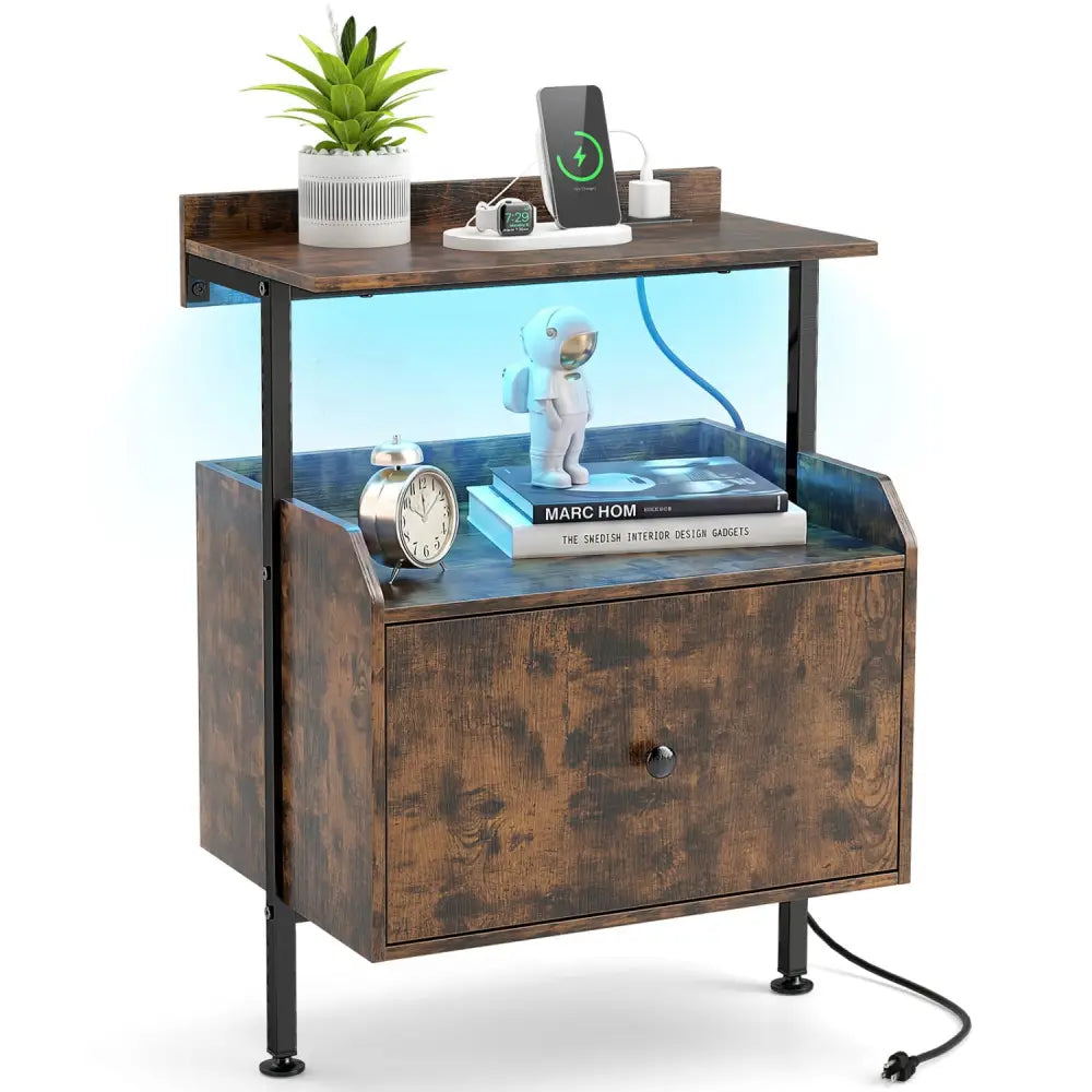Wall-mounted Nightstand with LED Lights and Charging Station for Bedroom-Rustic Brown - Rustic Brown - Nightstands