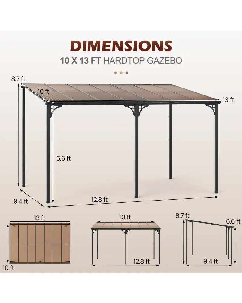 Wall-Mounted Patio Gazebo Large Outdoor Hardtop Pergola with Sloped Polycarbonate Roof-Black - Natural - Gazebos