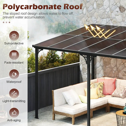 Wall-Mounted Patio Gazebo Large Outdoor Hardtop Pergola with Sloped Polycarbonate Roof-Black - Natural - Gazebos
