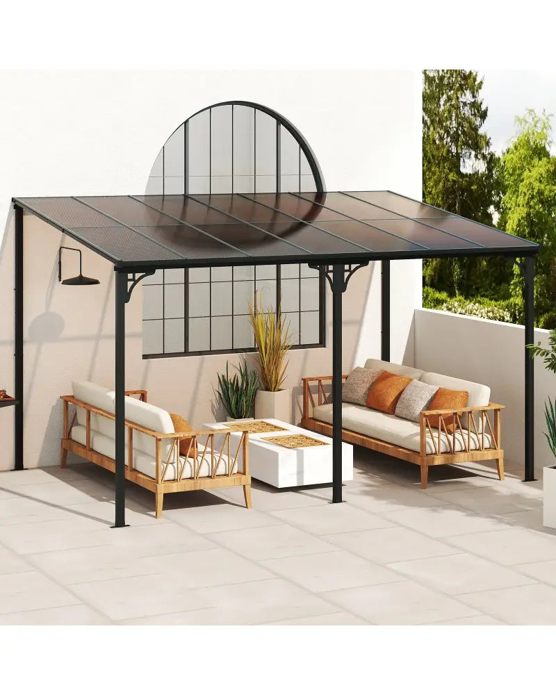 Wall-Mounted Patio Gazebo Large Outdoor Hardtop Pergola with Sloped Polycarbonate Roof-Black - Natural - Gazebos