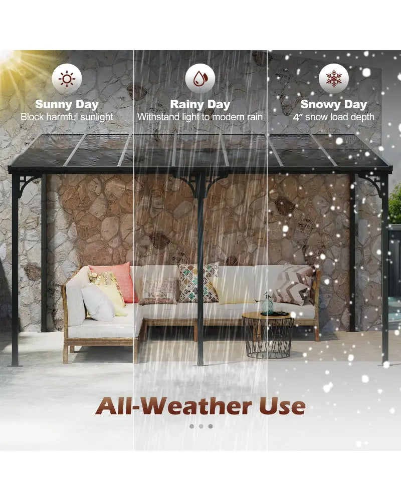 Wall-Mounted Patio Gazebo Large Outdoor Hardtop Pergola with Sloped Polycarbonate Roof-Black - Natural - Gazebos