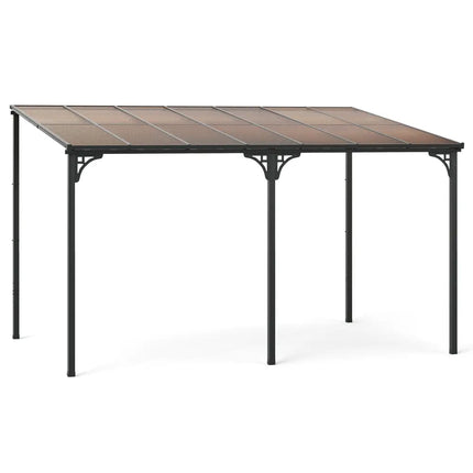 Wall-Mounted Patio Gazebo Large Outdoor Hardtop Pergola with Sloped Polycarbonate Roof-Black - Natural - Gazebos
