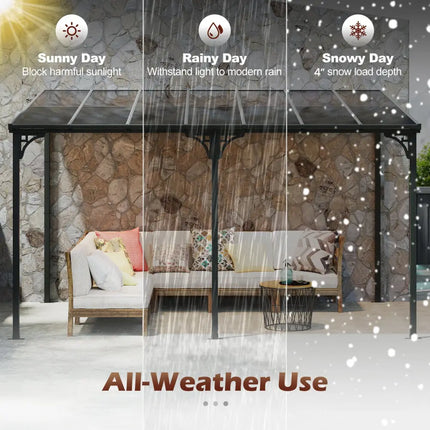 Wall-Mounted Patio Gazebo Large Outdoor Hardtop Pergola with Sloped Polycarbonate Roof-Black - Natural - Gazebos