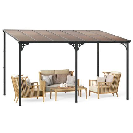 Wall-Mounted Patio Gazebo Large Outdoor Hardtop Pergola with Sloped Polycarbonate Roof-Black - Natural - Gazebos