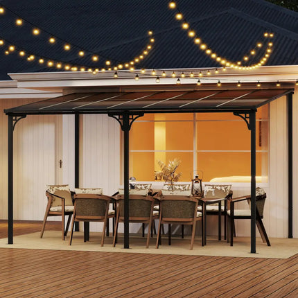 Wall-Mounted Patio Gazebo Large Outdoor Hardtop Pergola with Sloped Polycarbonate Roof-Black - Natural - Gazebos