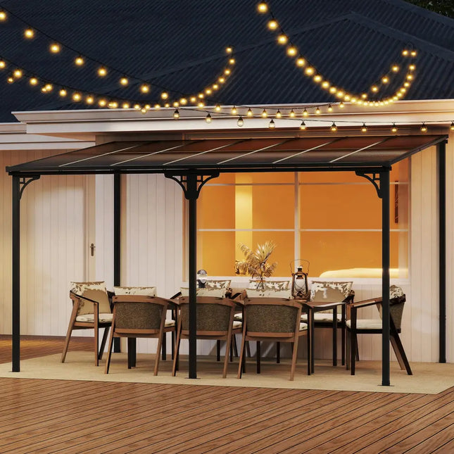 Wall-Mounted Patio Gazebo Large Outdoor Hardtop Pergola with Sloped Polycarbonate Roof-Black - Natural - Gazebos