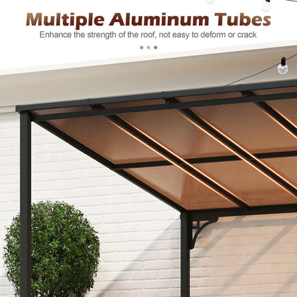 Wall-Mounted Patio Gazebo Large Outdoor Hardtop Pergola with Sloped Polycarbonate Roof-Black - Natural - Gazebos