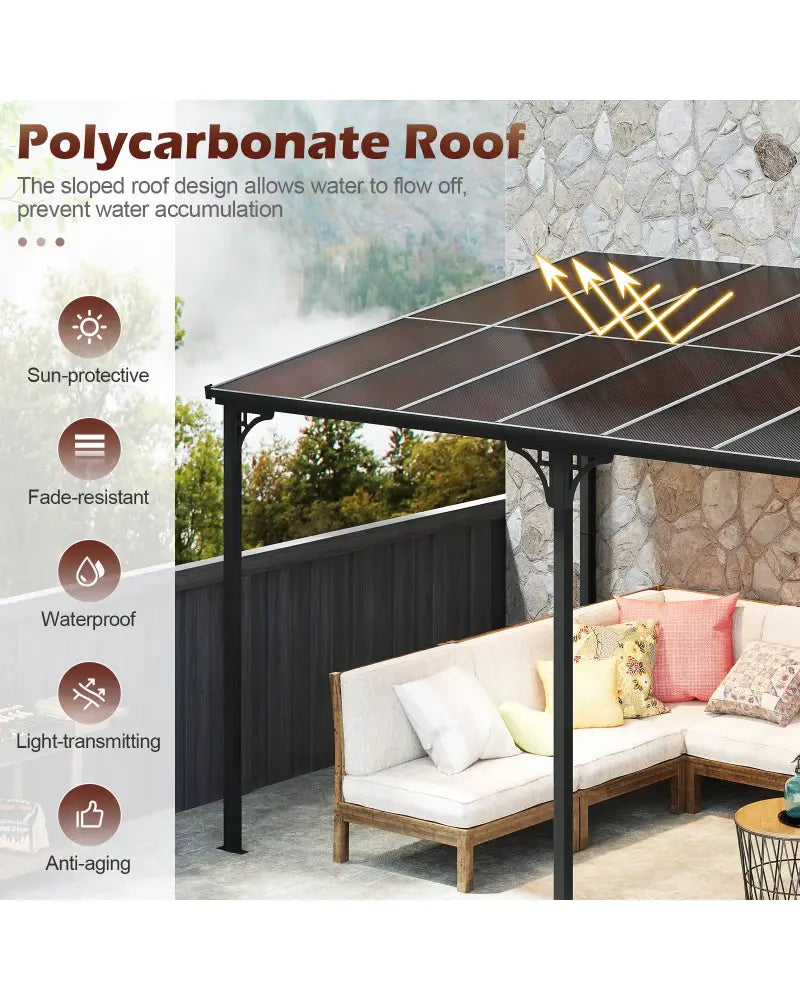 Wall-Mounted Patio Gazebo Large Outdoor Hardtop Pergola with Sloped Polycarbonate Roof-Black - Natural - Gazebos