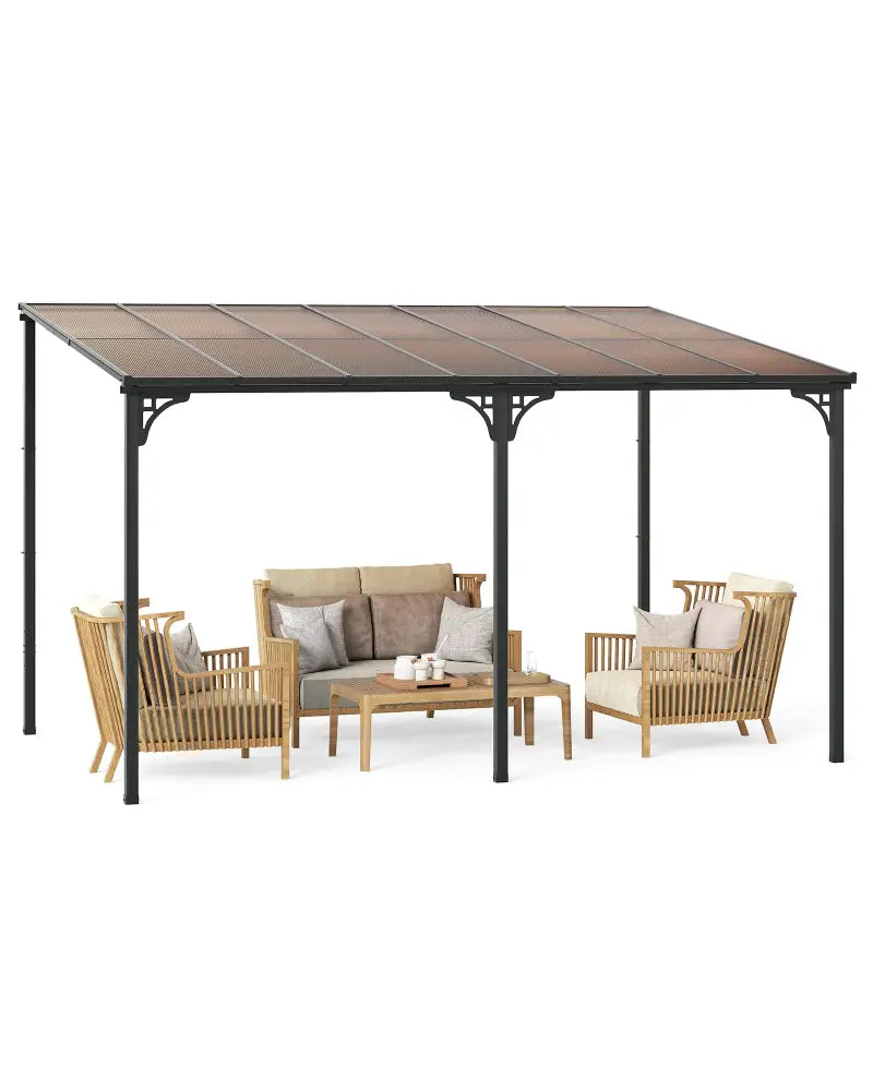 Wall-Mounted Patio Gazebo Large Outdoor Hardtop Pergola with Sloped Polycarbonate Roof-Black - Natural - Gazebos
