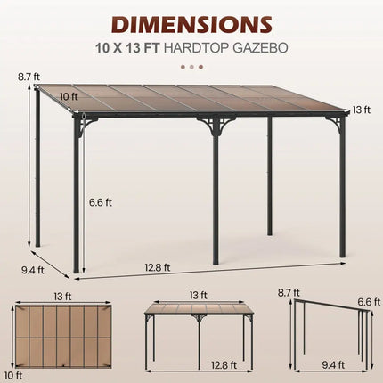 Wall-Mounted Patio Gazebo Large Outdoor Hardtop Pergola with Sloped Polycarbonate Roof-Black - Natural - Gazebos
