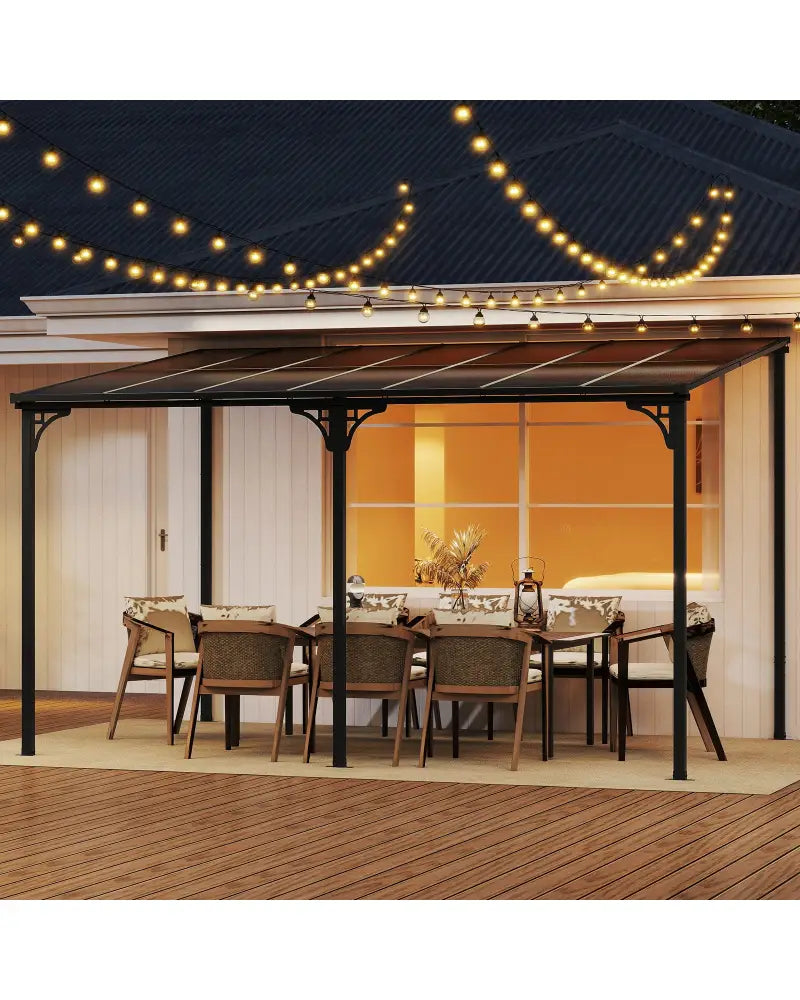 Wall-Mounted Patio Gazebo Large Outdoor Hardtop Pergola with Sloped Polycarbonate Roof-Black - Natural - Gazebos