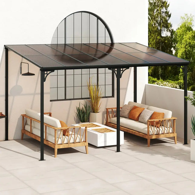 Wall-Mounted Patio Gazebo Large Outdoor Hardtop Pergola with Sloped Polycarbonate Roof-Black - Natural - Gazebos