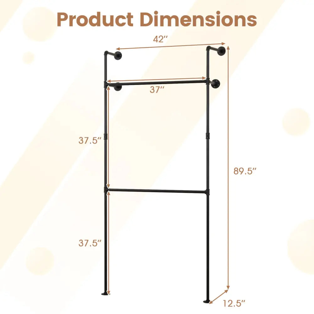 Wall Mounted Pipe Clothing Rack with 2 Hanging Rods-Black - Black - Clothing & Closet Storage