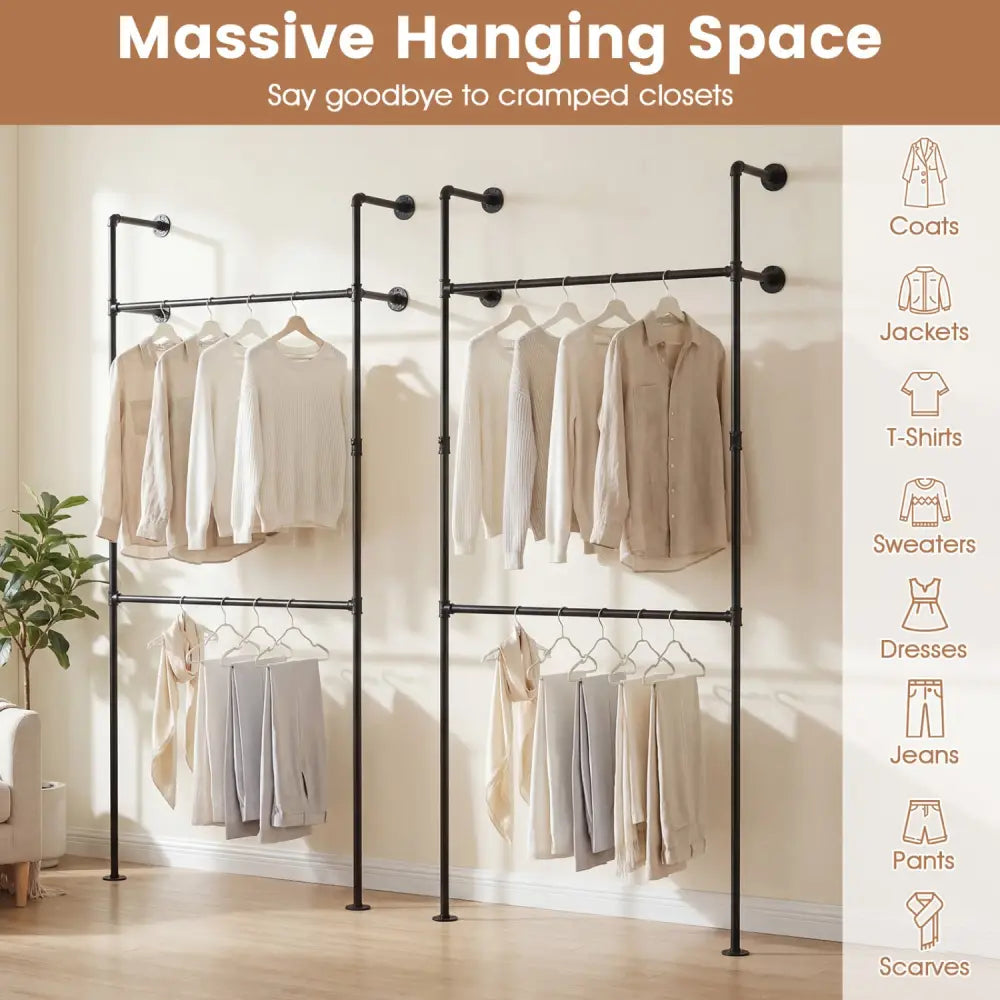 Wall Mounted Pipe Clothing Rack with 2 Hanging Rods-Black - Black - Clothing & Closet Storage