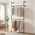 Wall Mounted Pipe Clothing Rack with 2 Hanging Rods-Black - Black - Clothing & Closet Storage
